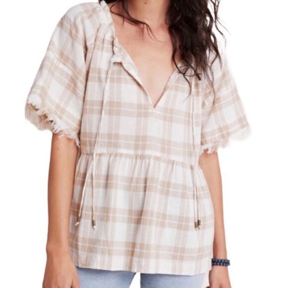 Anthropologie Tops - Pilcro By Anthropologie Bette Plaid Babydoll Blouse Cotton Linen Size small
